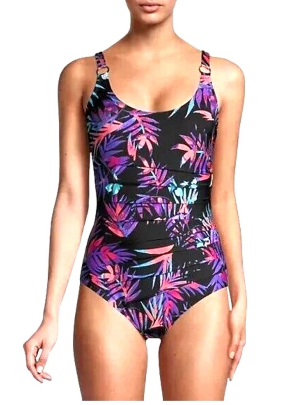 Calvin Klein Black One-Piece Swimsuit with Purple, Pink Teal Tropical Print 18
